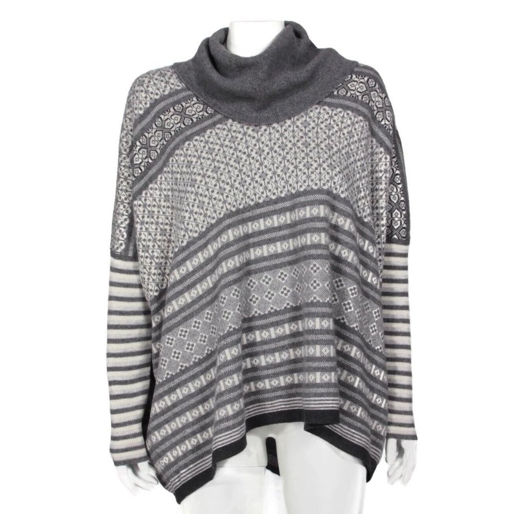 M&S 100% Cashmere Gray Geometric Mix Oversized Turtleneck Sweater US 10 /837